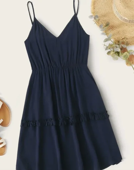 navy blue dress shein Women's Elegant Satin Spaghetti Strap Ruffle Back Tie Slit Dress, Suitable For Party, Wedding, Bridesmaid Spring Sleeve Length SheIn Women's Elegant Deep V